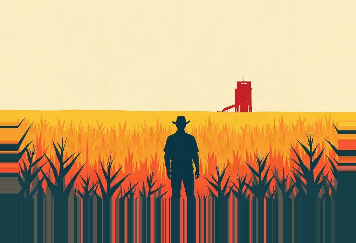 Dark silhouette of a man in a wide-brimmed hat standing in an orange-and-yellow cornfield facing a red grain elevator on the horizon, with glitchy striped distortion along the left and right edges.