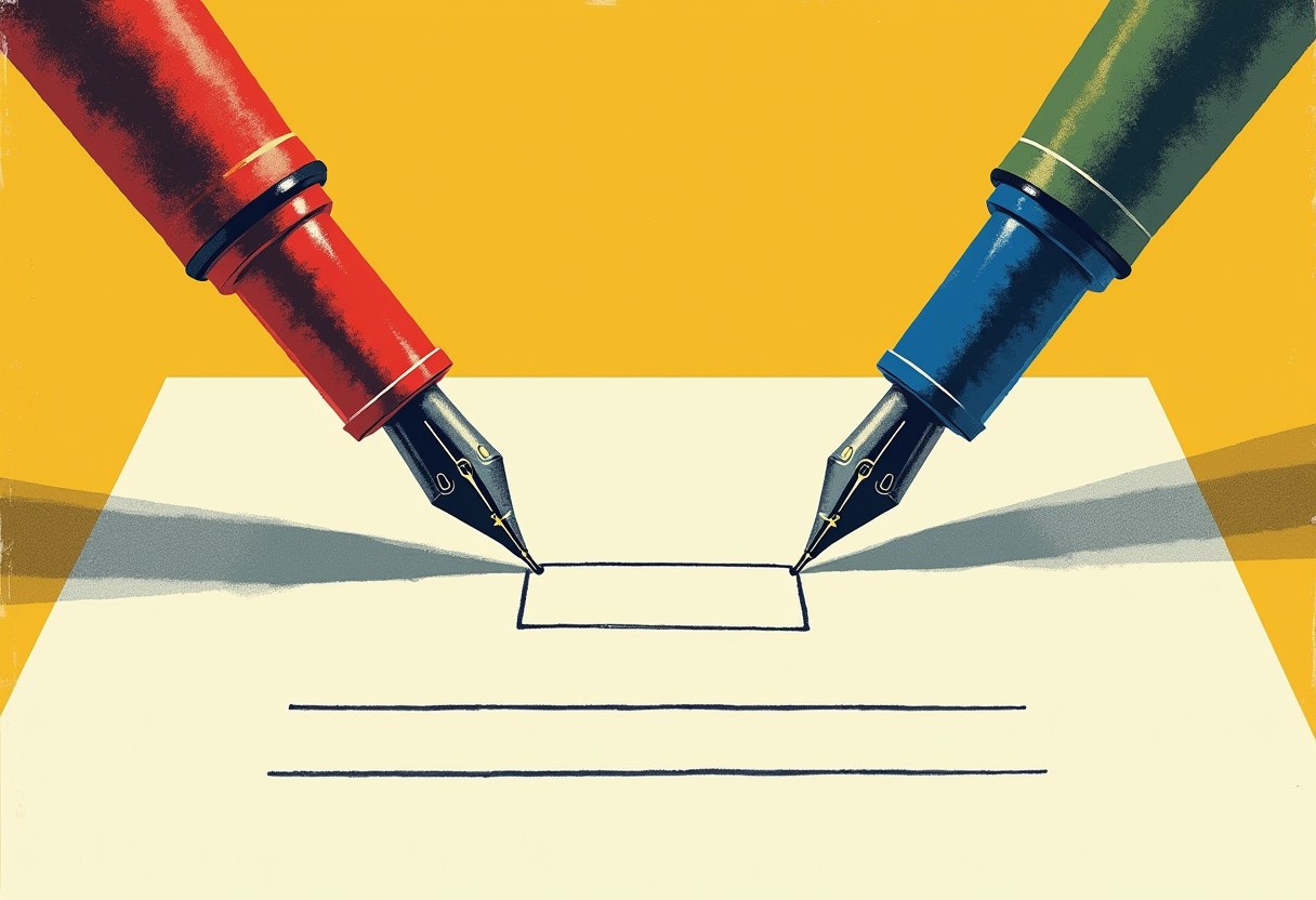 Two pens angled from opposite sides of a blank form, its field unfilled, risograph print