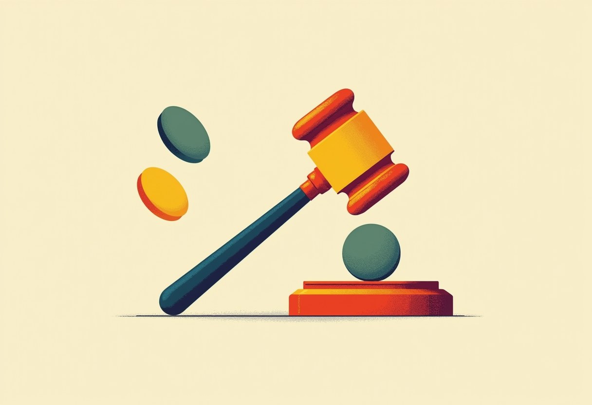 An orange and yellow gavel angled toward a green sphere on a red block, with a teal circle and a yellow-orange disc floating beside it, on a cream background.