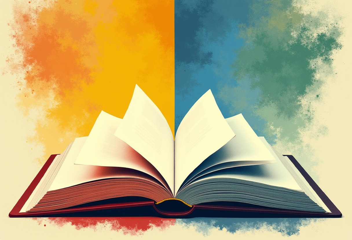 An open journal with two diverging paths of light, symbolizing the split in coverage of the same source document