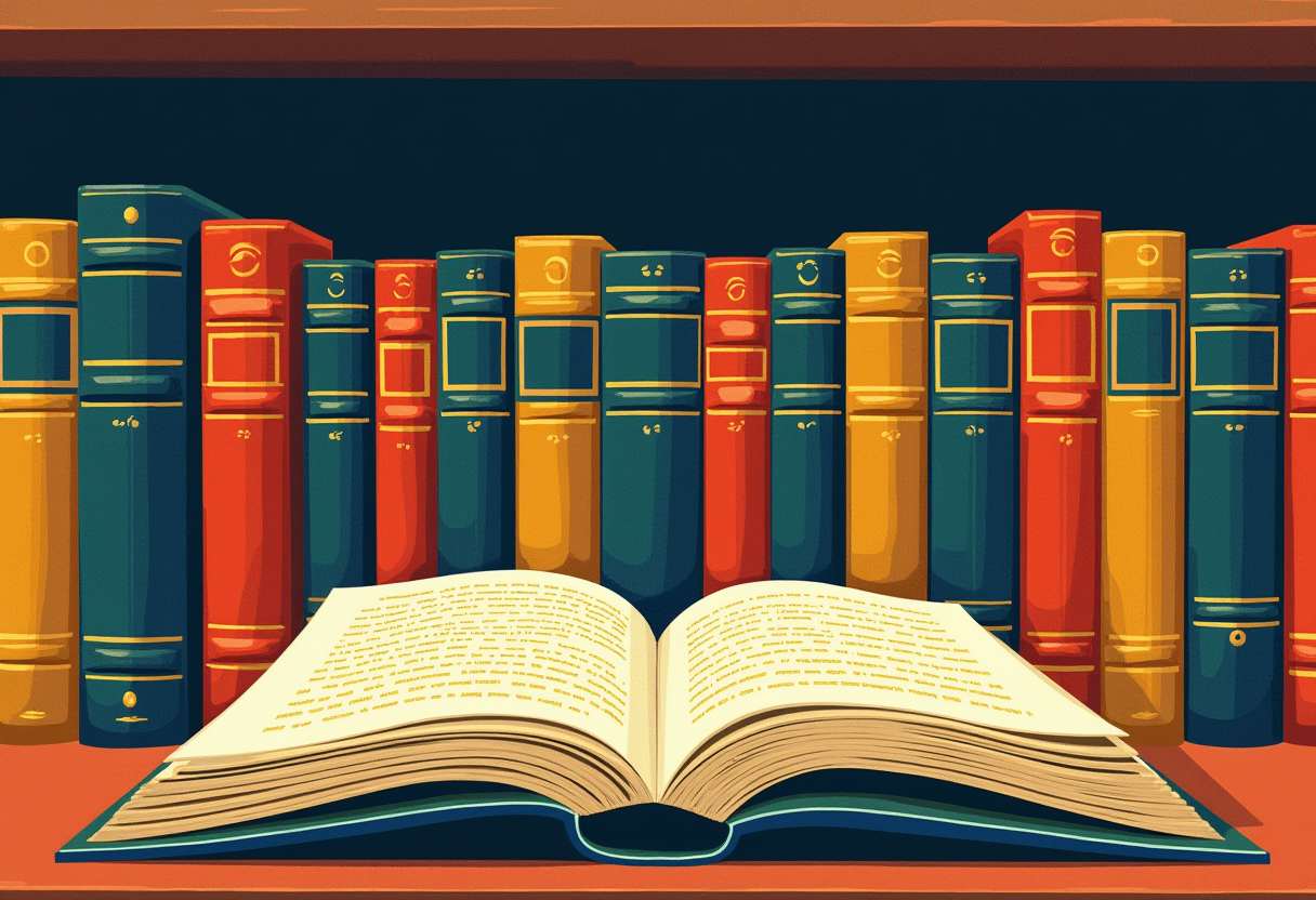 Twelve identical leather-bound books on a library shelf, each open to a different page