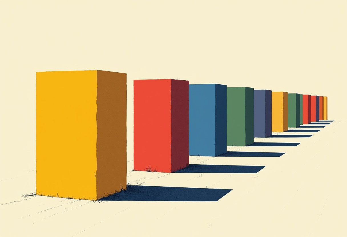 A row of tall rectangular blocks in yellow, red, blue, green and other colours recedes into the distance, each casting a long shadow on a pale ground.