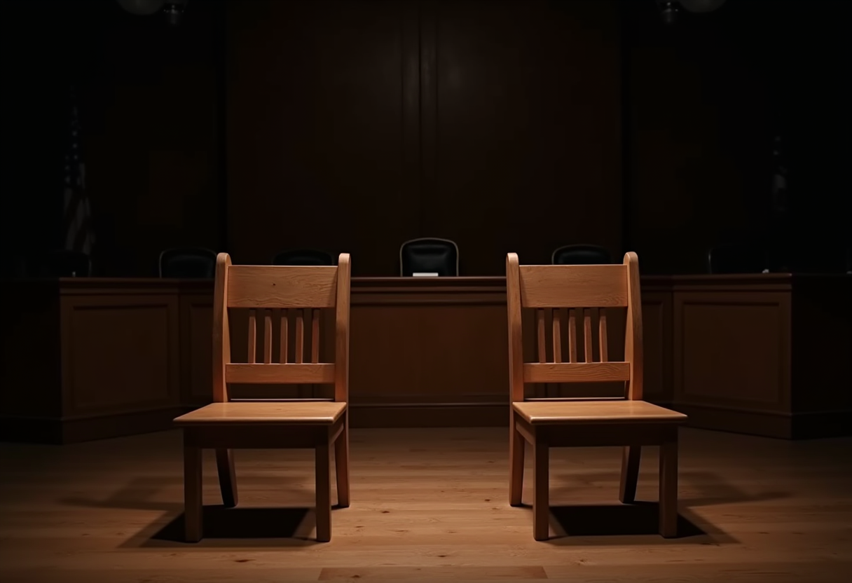 A doubled witness chair before a dark committee dais