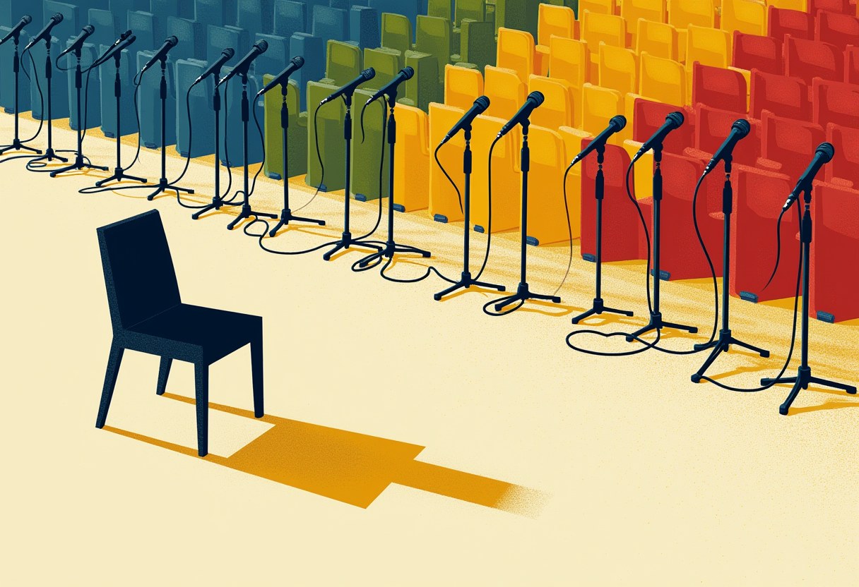 Editorial illustration of an empty chair before a bank of microphones, casting two shadows