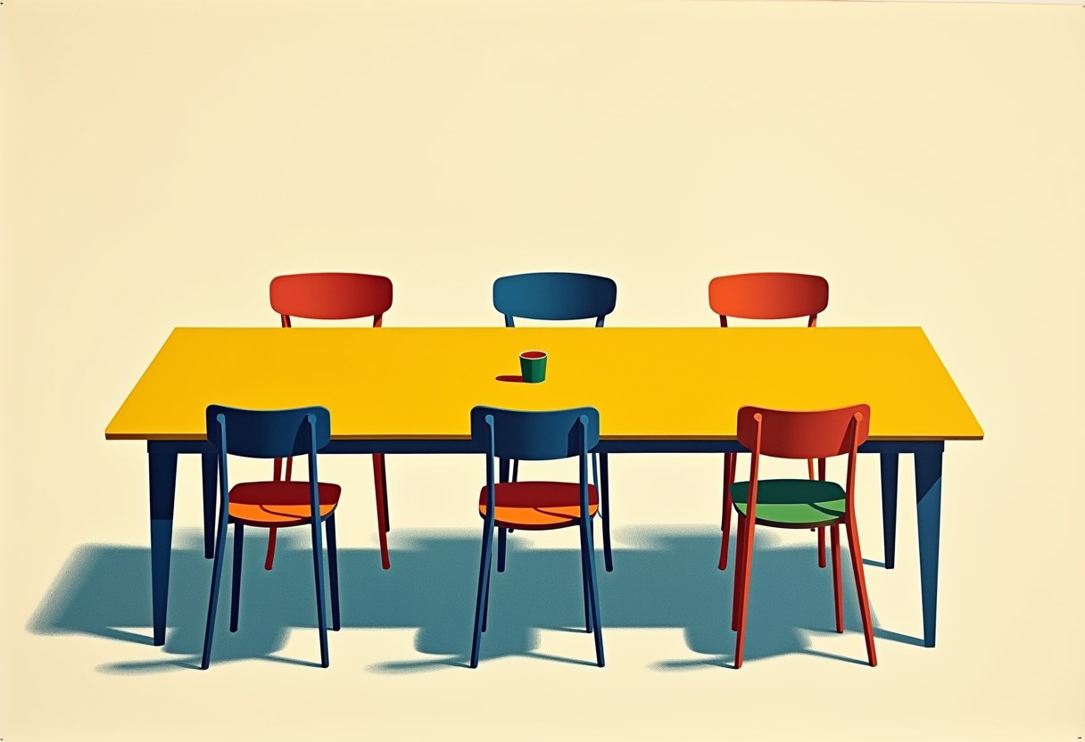 A yellow table with six mismatched chairs in red, blue and green, empty except for a single small green and red cup, on a pale cream background.