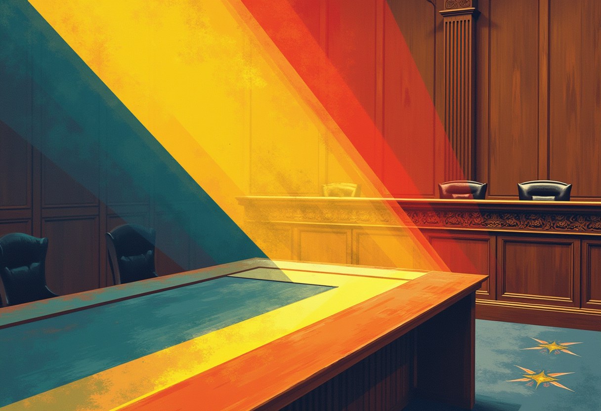 An empty witness table in a wood-paneled hearing room, lit by a single beam of light splitting through a prism into multiple diverging color bands