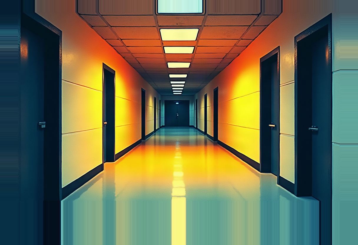 A long office corridor with closed dark doors on both sides, glossy floor reflecting rows of ceiling lights, walls glowing orange-yellow fading to teal at the edges.