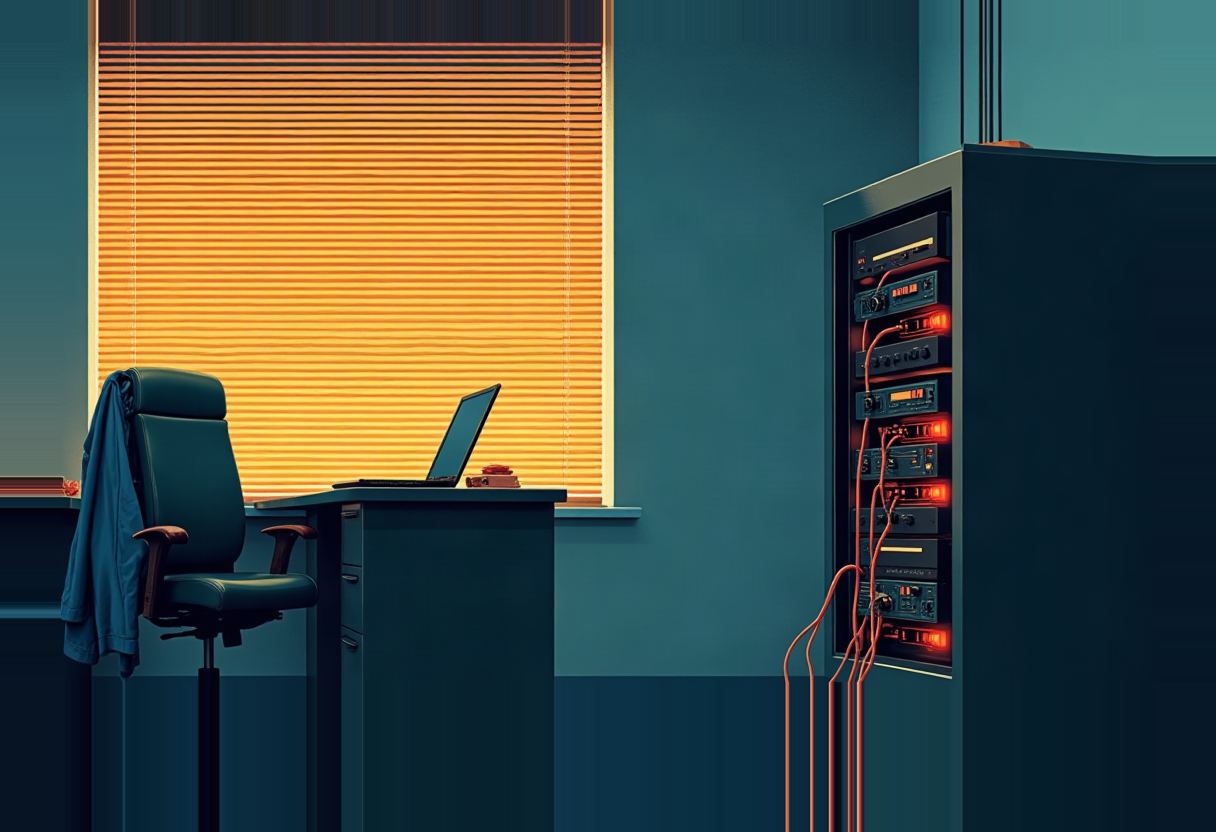 An empty office desk with a laptop and a jacket draped on an office chair, beside a server rack with glowing red lights and orange cables, lit by a striped window blind.