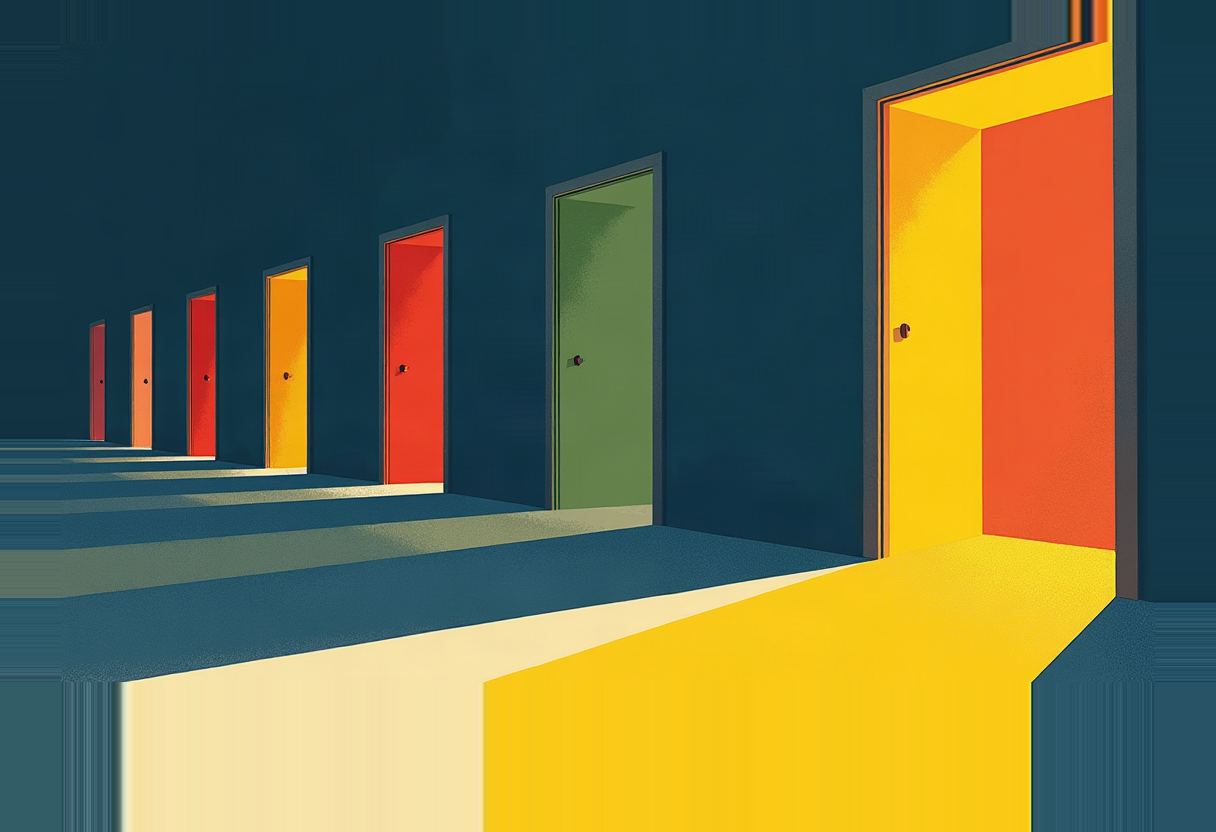 A row of closed doors in orange, red, and green along a dark blue hallway leads to one open yellow door flooding the floor with light.