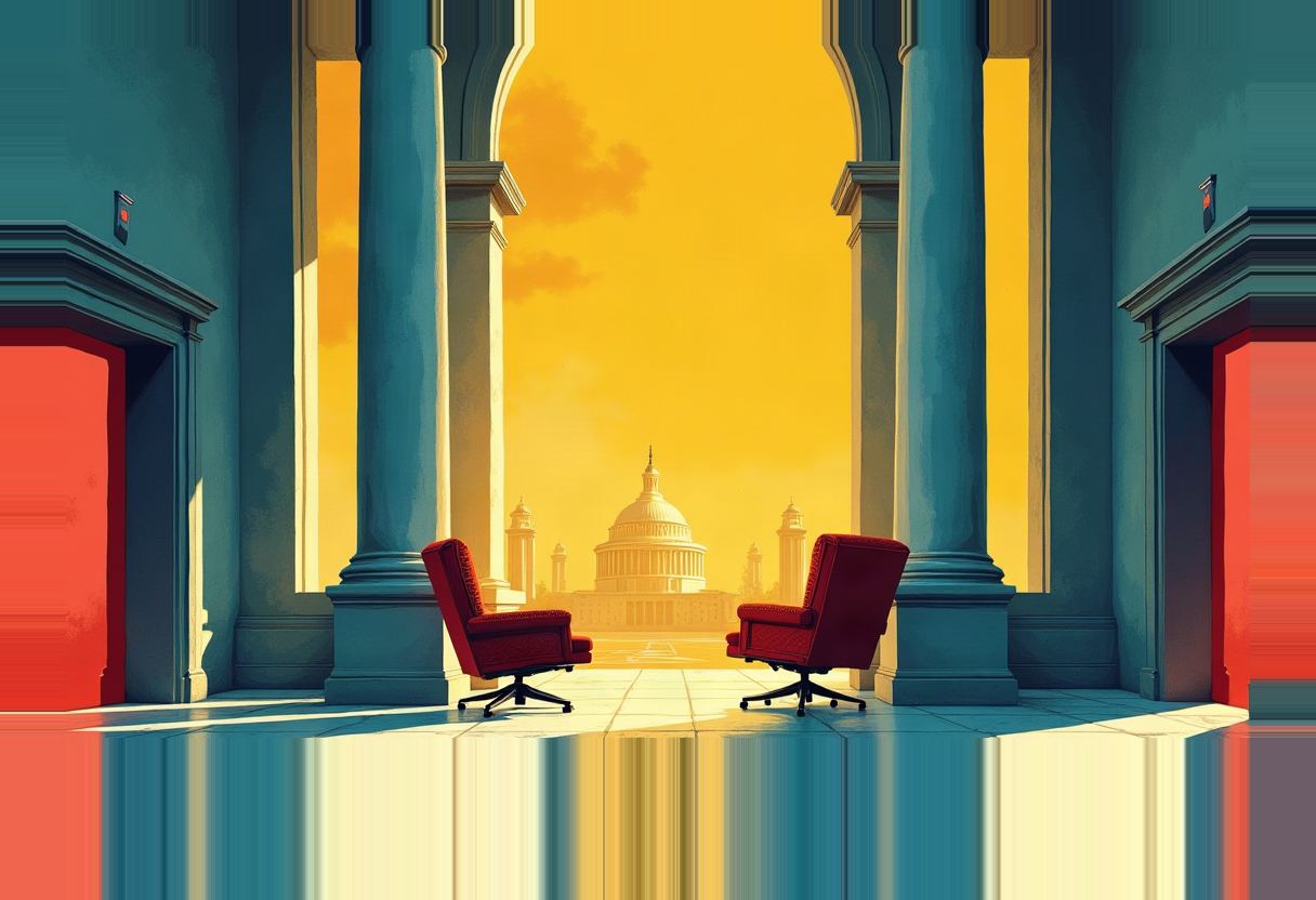 Two empty red office chairs face a domed government building between tall blue columns, under a golden-yellow sky, flanked by red doorways.