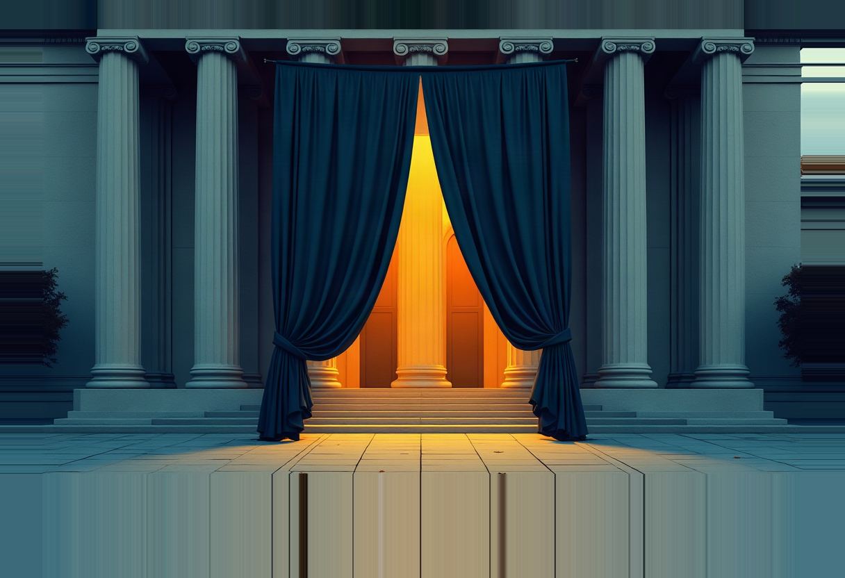 A dark blue curtain parted at the entrance of a columned stone building reveals a glowing orange-lit interior and staircase beyond.