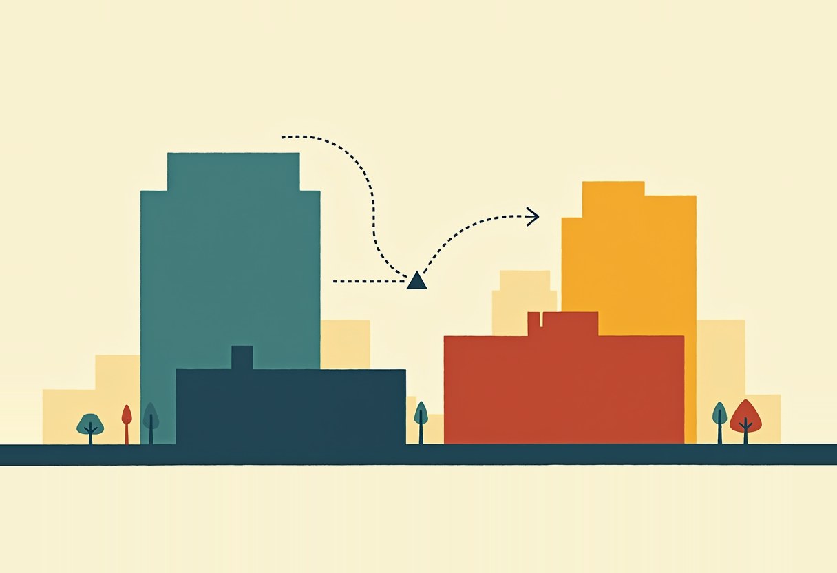 Flat illustration of a teal building on the left and orange/red buildings on the right, connected by a dotted arrow bending through a small triangle marker.