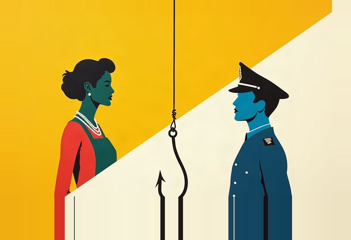 Illustration of a green-skinned woman in a red dress and pearls facing a blue-skinned uniformed officer in a cap, separated by a hanging fish hook, against a yellow and cream diagonal background.