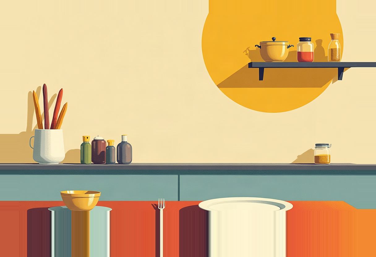 Illustrated kitchen counter with bottles, a utensil crock, a jar, a shelf holding a pot and jars inside a yellow circle, and a bowl, plate, and fork in the foreground.