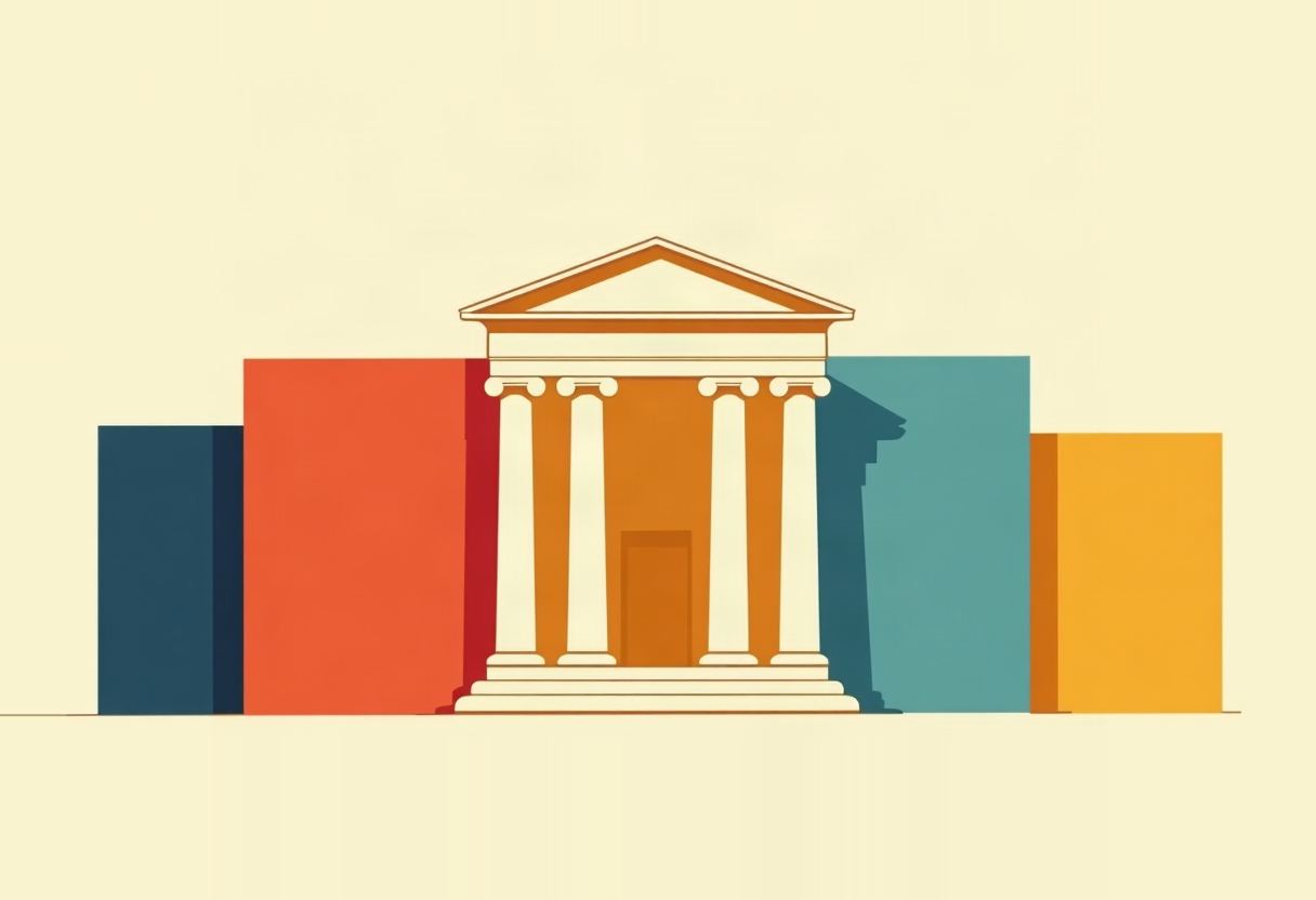 An orange columned bank facade with a triangular pediment stands flanked by tall rectangular blocks in dark blue, red, teal, and yellow, on a cream background.