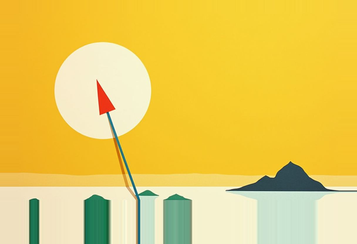 A red arrow on a thin pole rises against a large pale sun in a yellow sky, beside green rounded posts, a dark island, and calm water.