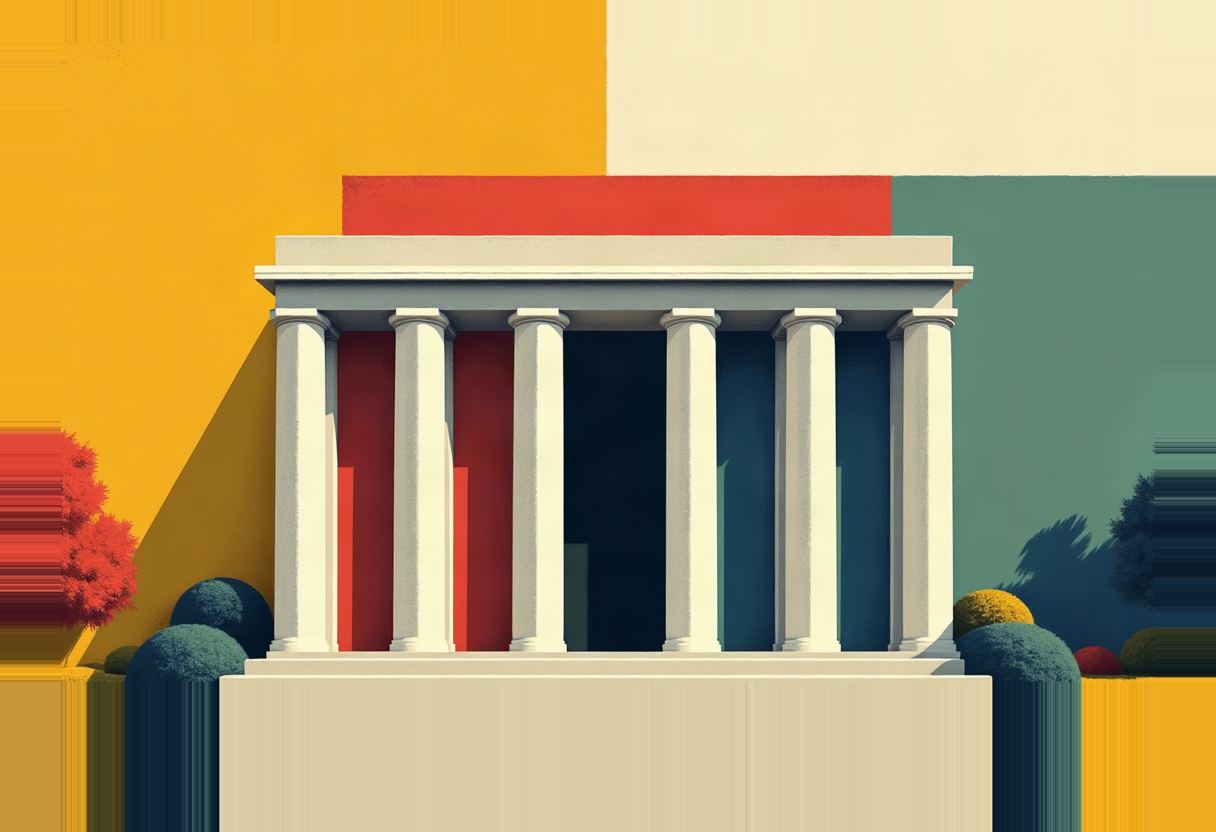A flat-style illustration of a white columned building facade, its interior lit red on the left and blue on the right, against a background split into yellow, cream, red, and teal blocks, with trimmed bushes and a red-leafed tree at the base.