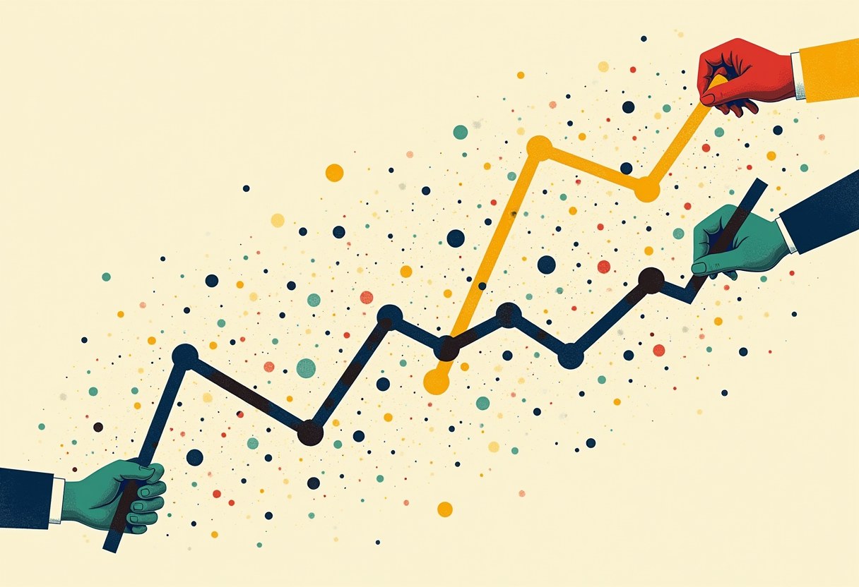 Editorial illustration of a single dot plot connected into four contradictory trend lines by four hands