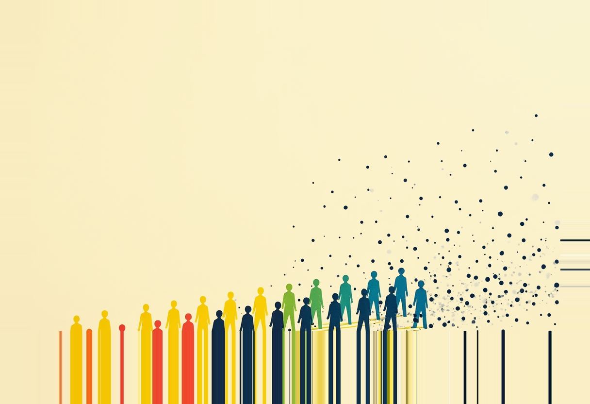 A rising bar-chart line of colored human silhouette figures (red, yellow, dark blue, green, teal) on a cream background dissolves into scattered dots at its highest point.