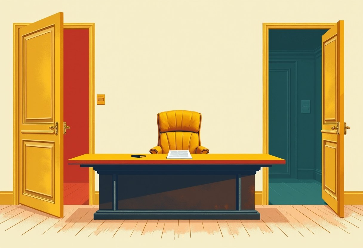A single empty ministerial chair at a long official table, one open door and one closed door behind it, a thin document with an unsigned line on the table