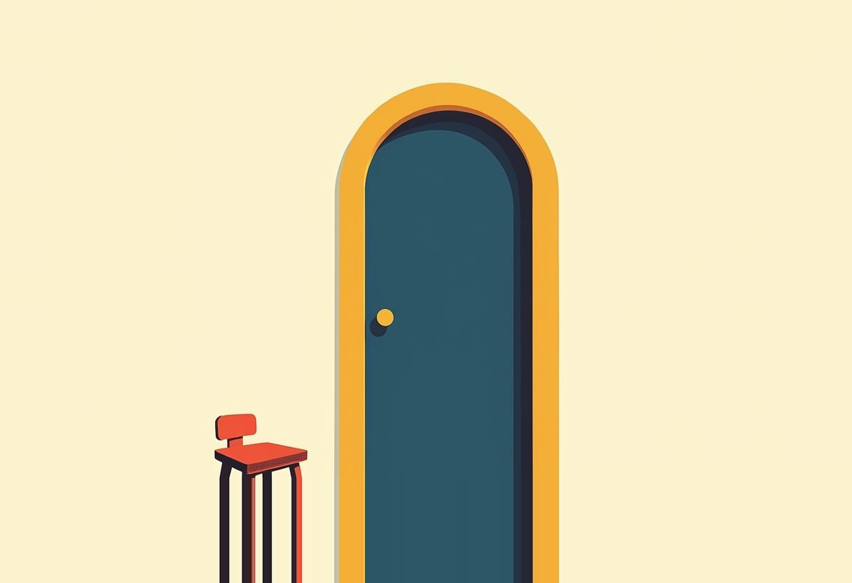 A tall arched door with a dark teal panel and yellow-orange frame stands closed beside an empty red chair, against a pale yellow background.