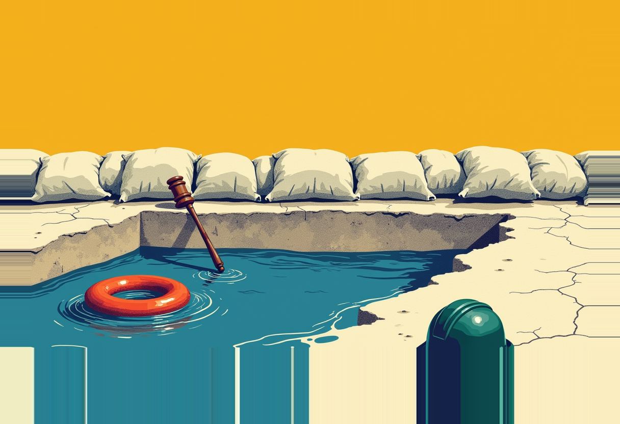 A gavel and an orange life ring float in a flooded, cracked lot lined with sandbags under a solid orange sky.