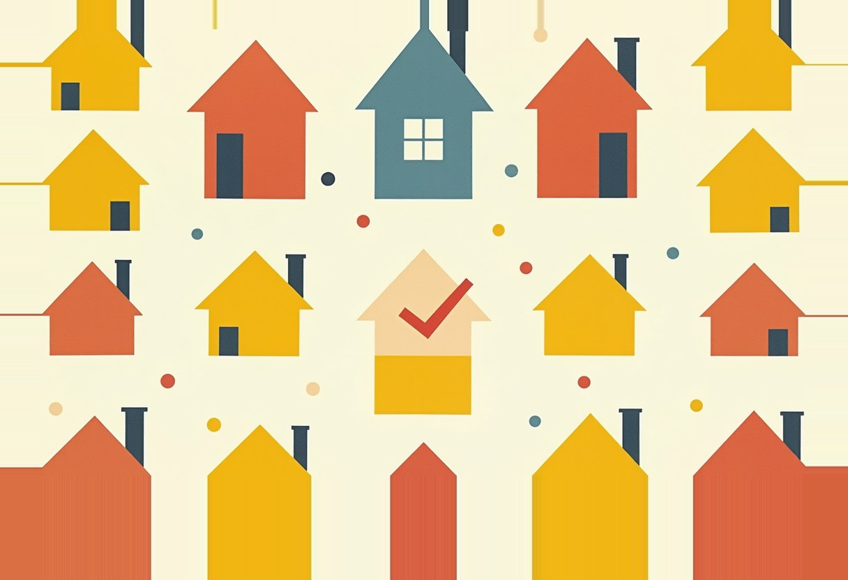 Rows of flat-icon houses in yellow, orange, and blue on cream, with one pale house in the center marked by a bold red checkmark, plus scattered small dots between the roofs.