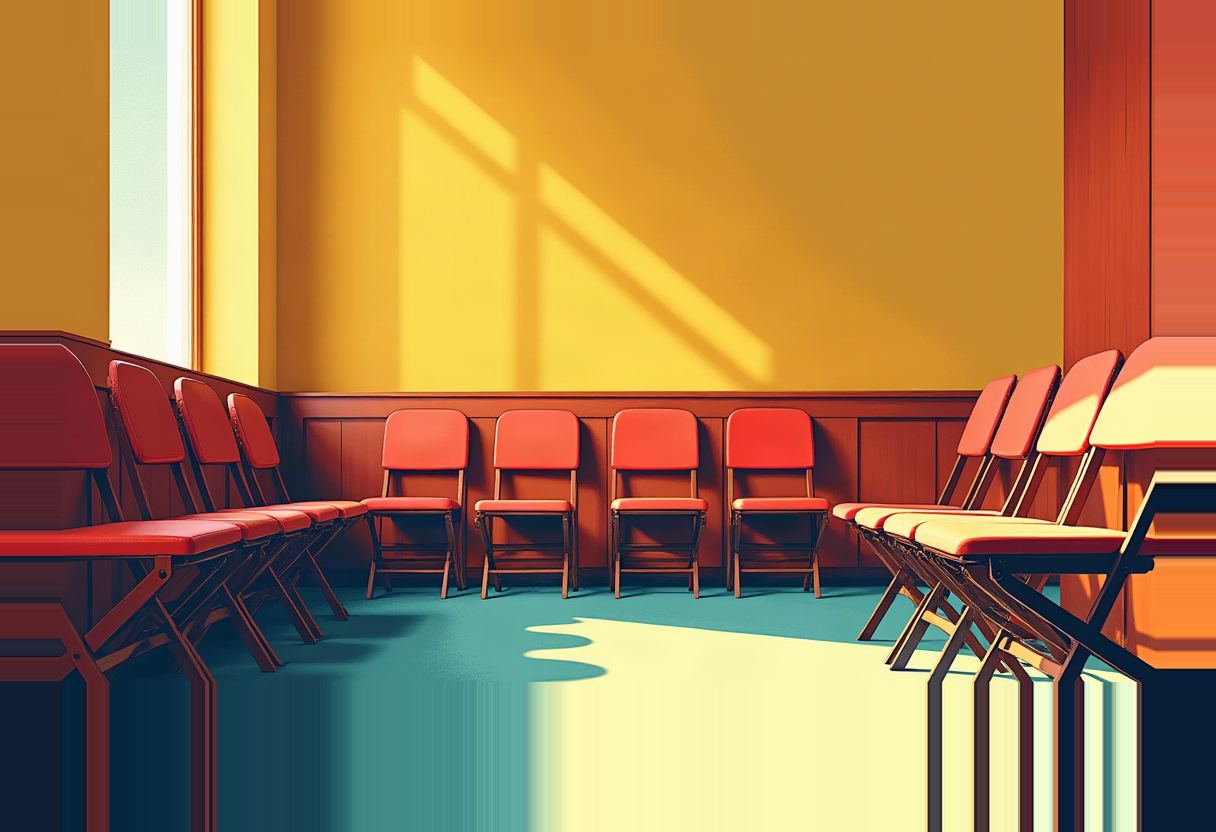 Empty red folding chairs line a wood-paneled room with a mustard-yellow wall and teal floor, sunlight casting long diagonal shadows.
