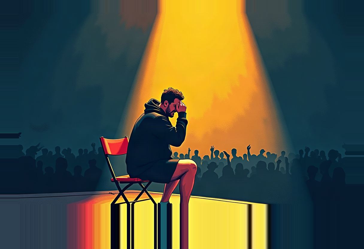 Illustration of a man in a dark hoodie and shorts sitting on a red folding chair with his head in his hand, under a yellow spotlight, silhouetted crowd raising hands behind him.