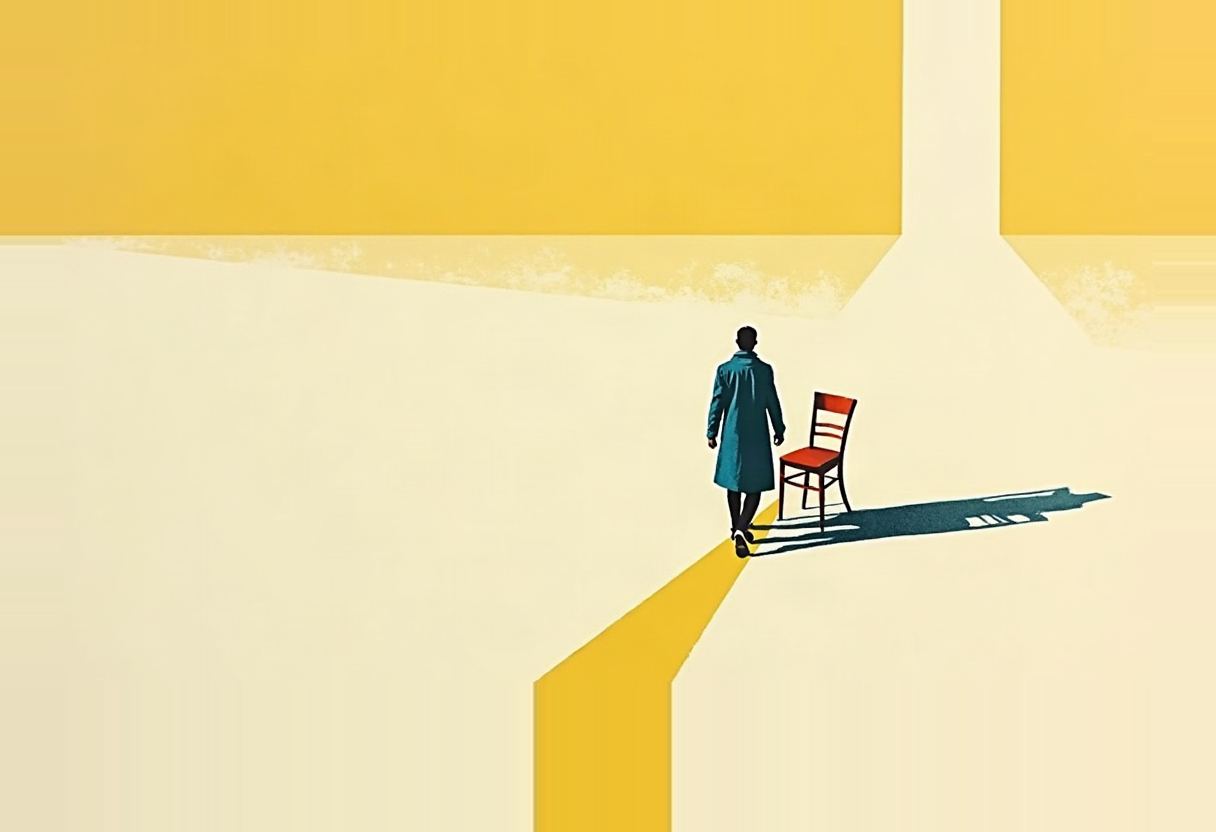 A man in a teal coat walks away from a red wooden chair on a pale yellow path flanked by block-colour yellow and white geometric shapes.