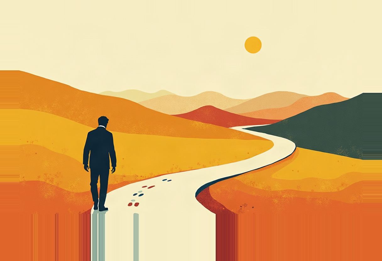 A dark silhouetted figure in a suit walks a winding pale path through orange and yellow hills toward a single orange sun, with red and blue dots scattered on the path behind him.