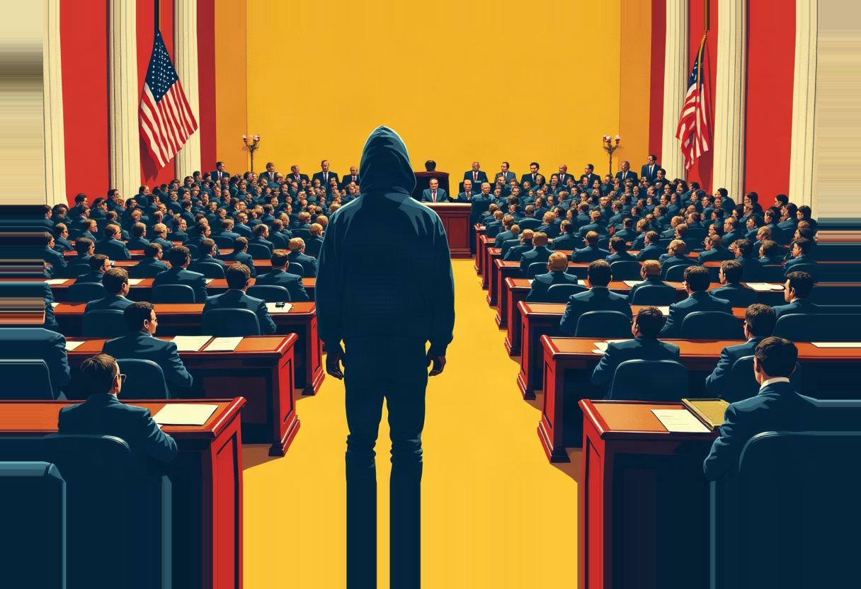 A hooded figure stands in the center aisle of a legislative chamber, facing rows of seated suited figures and a podium, under a yellow backdrop flanked by red-and-white columns and two American flags.