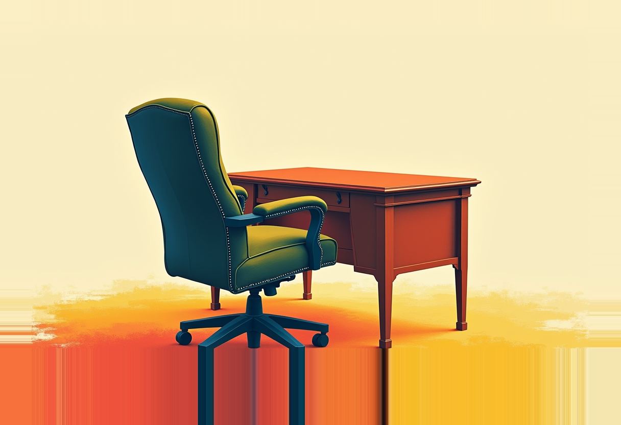 An empty green wingback office chair on wheels sits beside an orange wooden desk, against a cream background fading to orange at the bottom.