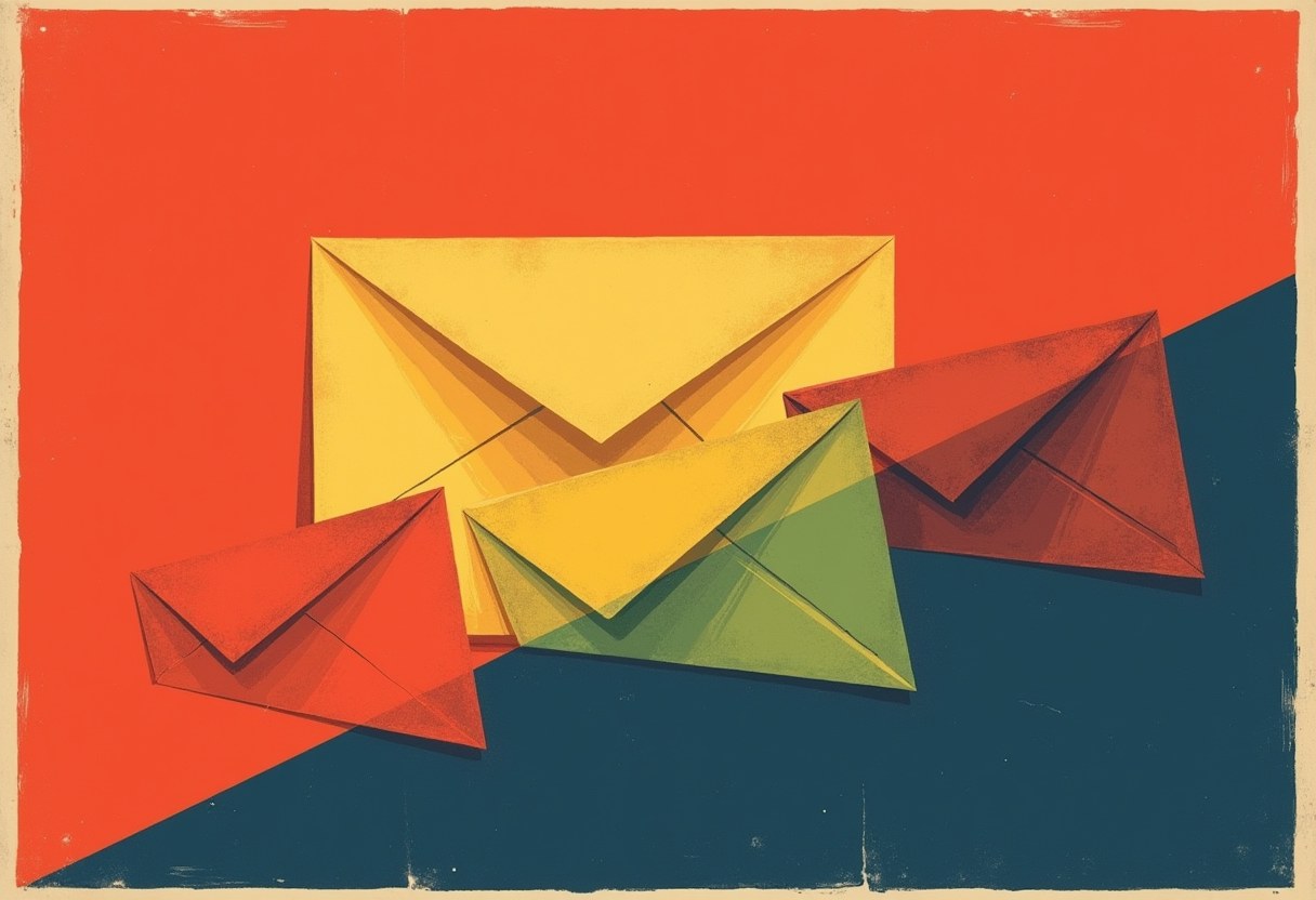 Four overlapping envelopes in yellow, red, green and dark red arranged diagonally across a red and dark blue diagonally split background.