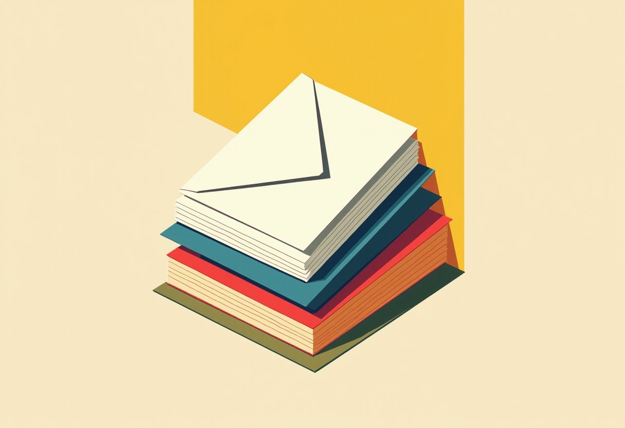 A cream envelope sits atop a stack of thick books in teal, red, orange, and olive covers, against a cream background with a yellow rectangular panel behind.