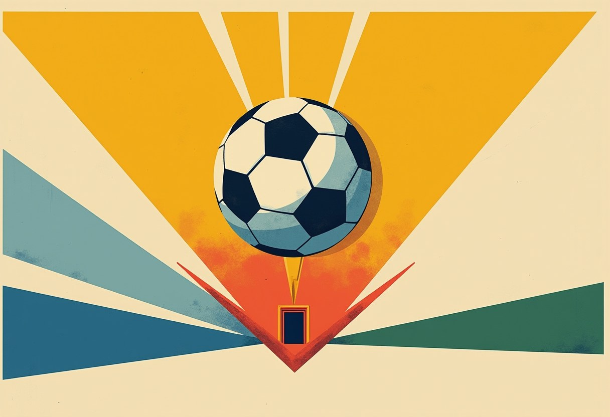A large black-and-white soccer ball hovers above a tiny open doorway at the center of radiating orange, yellow, blue, and green triangular beams on a cream background.