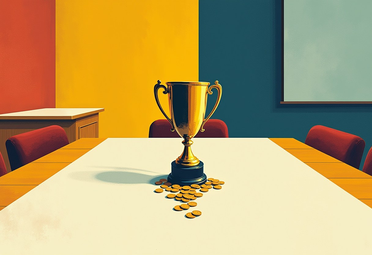 A football trophy on an empty boardroom table with a wedge hollowed out of it, two-tone risograph print