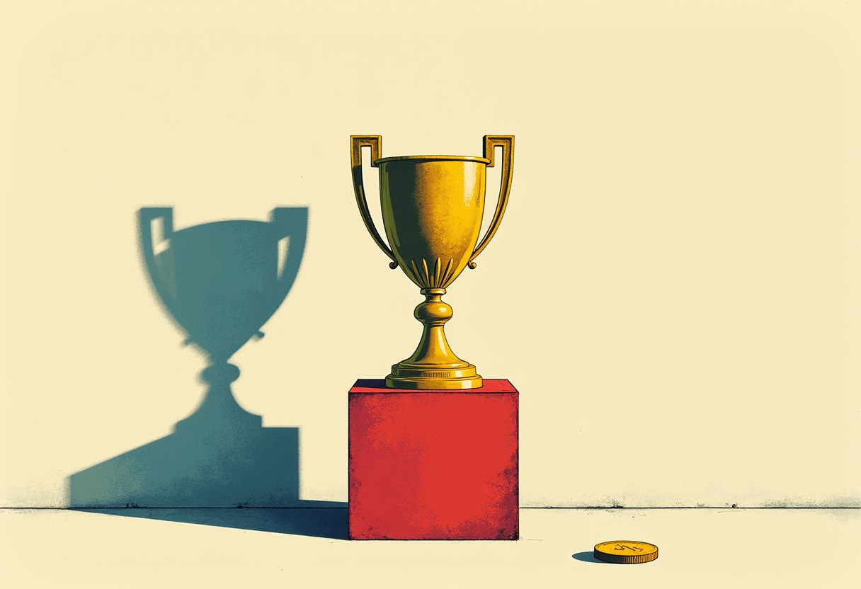 A golden trophy on a pedestal casts two shadows pointing in opposite directions, one tall and one short