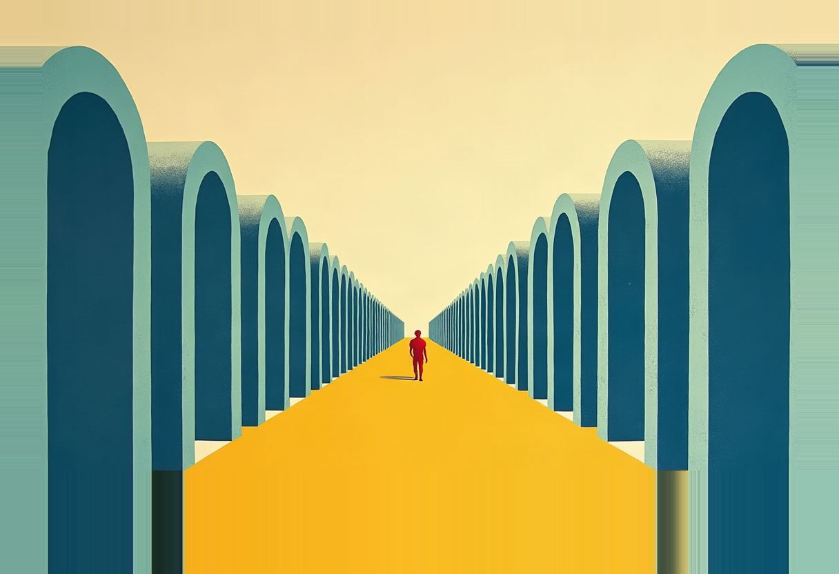 A small red figure walks alone down a yellow path flanked by two rows of tall teal-blue arched columns receding toward a pale yellow horizon.