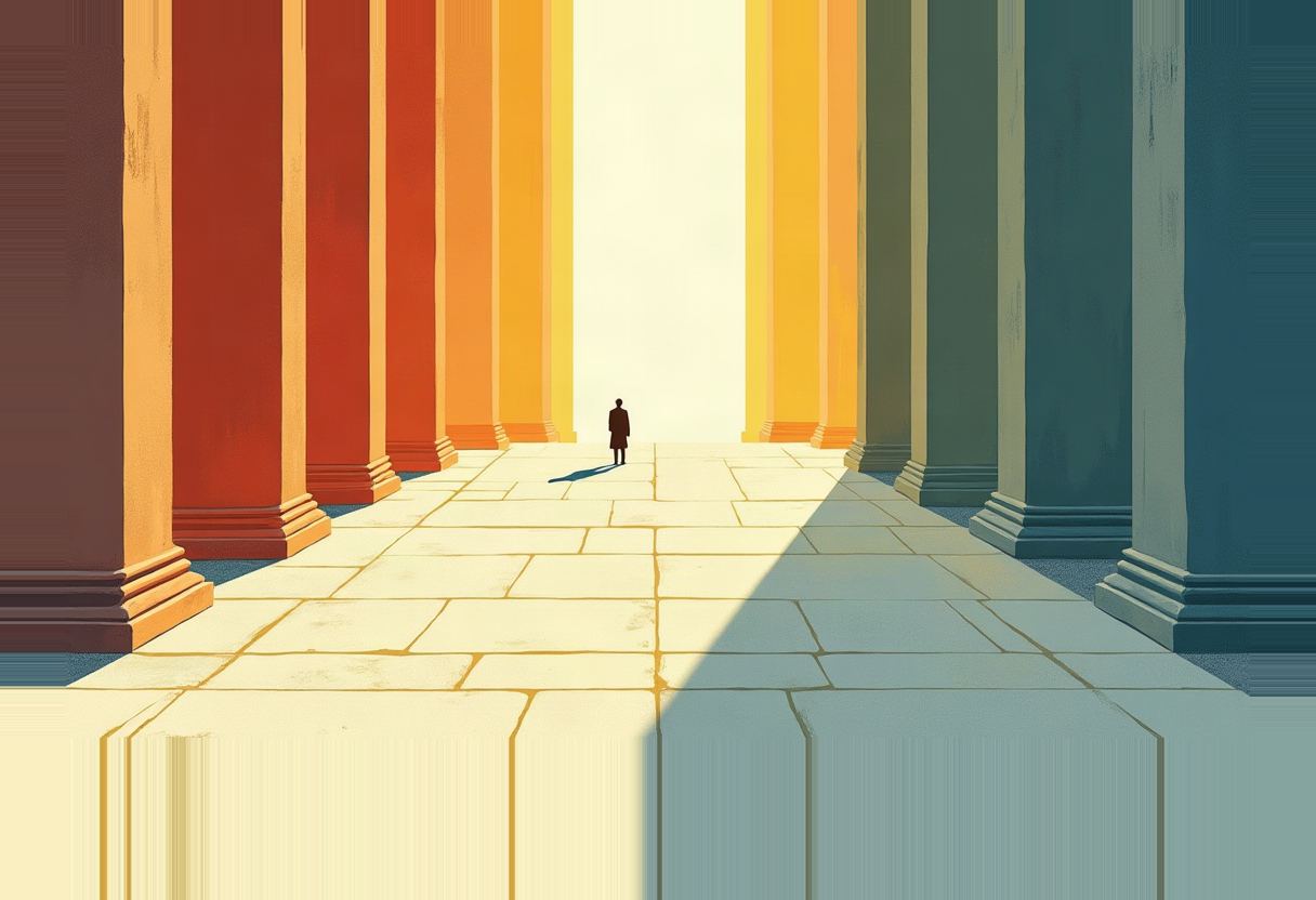 A small silhouetted figure in a coat stands alone on a stone courtyard between two rows of tall columns shifting from red and orange on the left to green and blue on the right.
