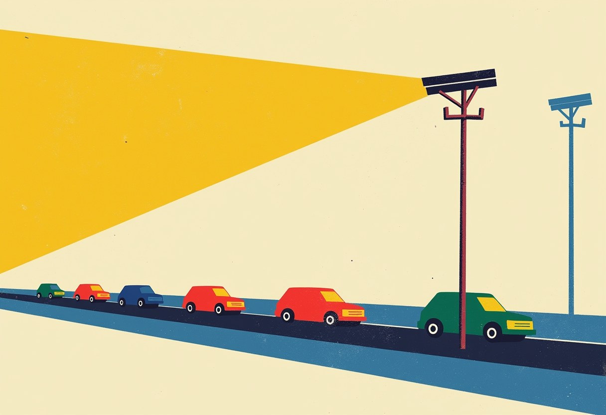Six cars in green, red, and blue drive on a road under a wide yellow beam cast by a pole-mounted camera, with a second empty camera pole beside it.