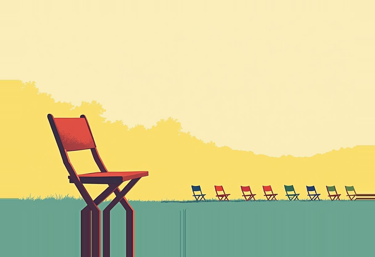 A large red folding chair stands alone on tall legs at left, with a row of eight smaller red, blue, and green folding chairs lined up on a green ground against a yellow sky.