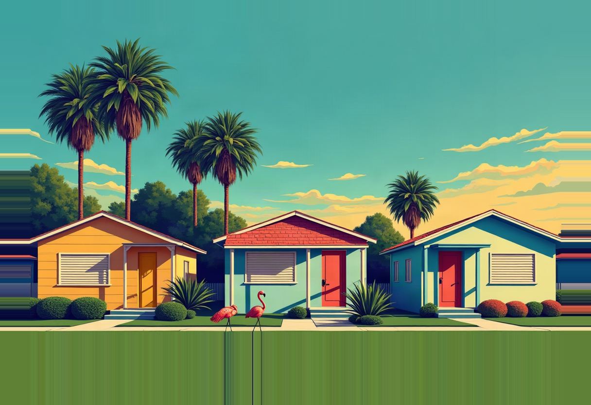 Three flat-illustrated pastel bungalows (yellow, teal, and blue, each with a red door) sit behind a green lawn with two pink flamingo lawn ornaments, under tall palm trees and a teal-to-orange sky.
