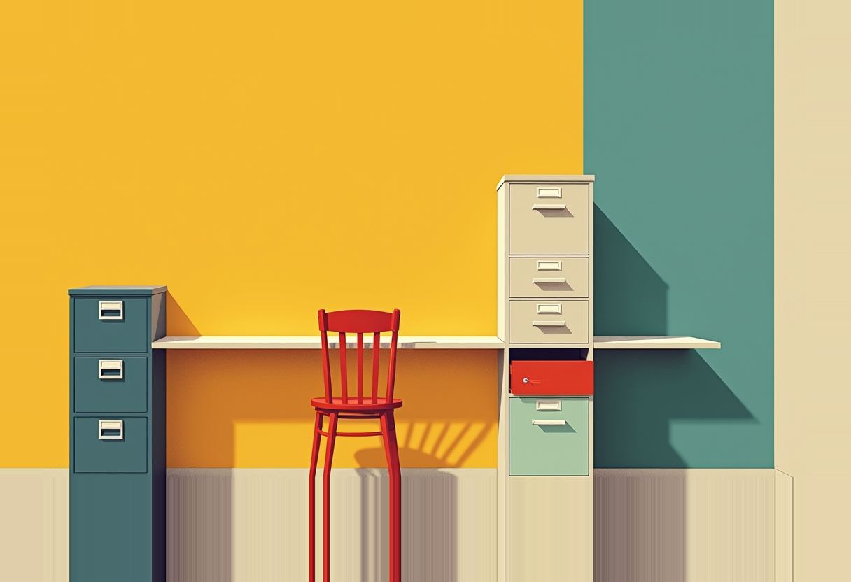 A red wooden chair stands empty between two filing cabinets against a yellow and teal wall, one cabinet drawer open and red.