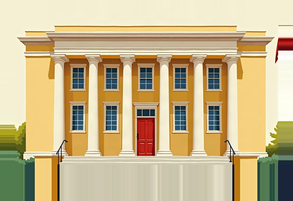 Illustrated courthouse facade with six white columns, a central red door, blue-paned windows, pale yellow walls, and steps flanked by black handrails.