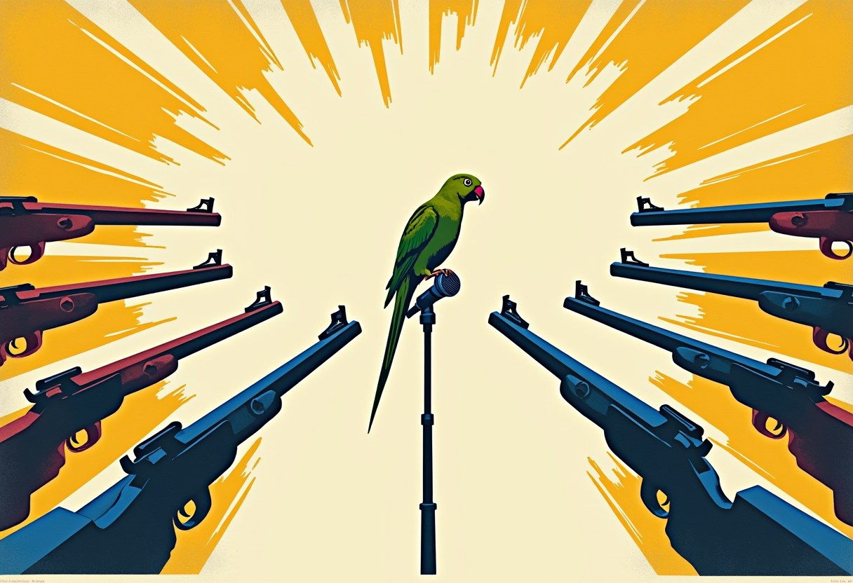 A ring of rifles converges from every side on a small parrot standing at a broadcast microphone.