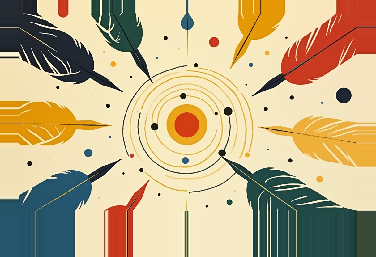 Eight feather quill pens in navy, green, gold, and red point inward toward concentric gold rings encircling a red-and-orange dot, with small black dots scattered on cream.
