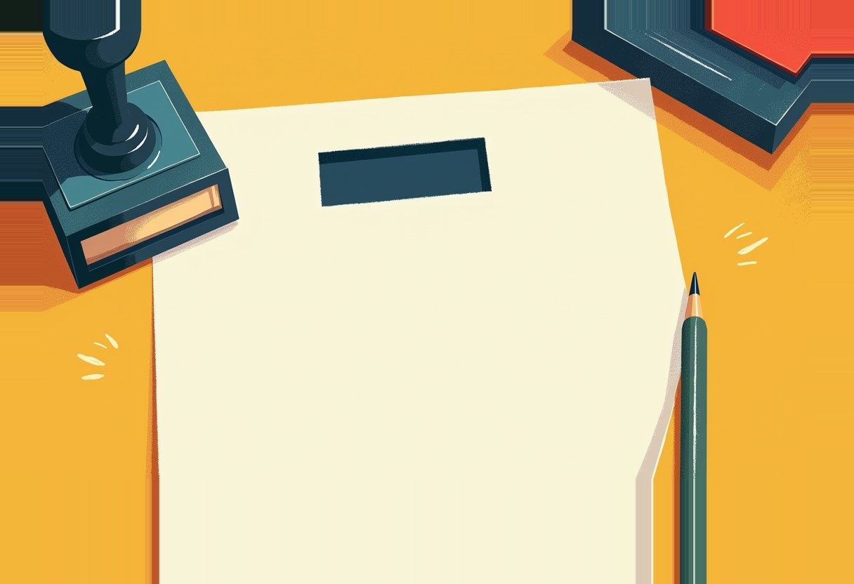A blank cream sheet with a dark rectangular header block sits on an orange desk between a rubber stamp on the left and a red-and-dark folder edge on the right, with a green pencil beside it.
