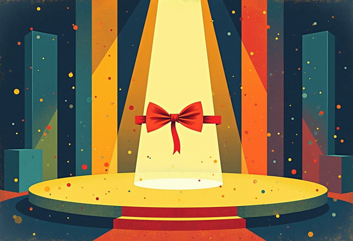 Editorial illustration of a ribbon-cutting where one spotlight points away at a ballooning budget clock