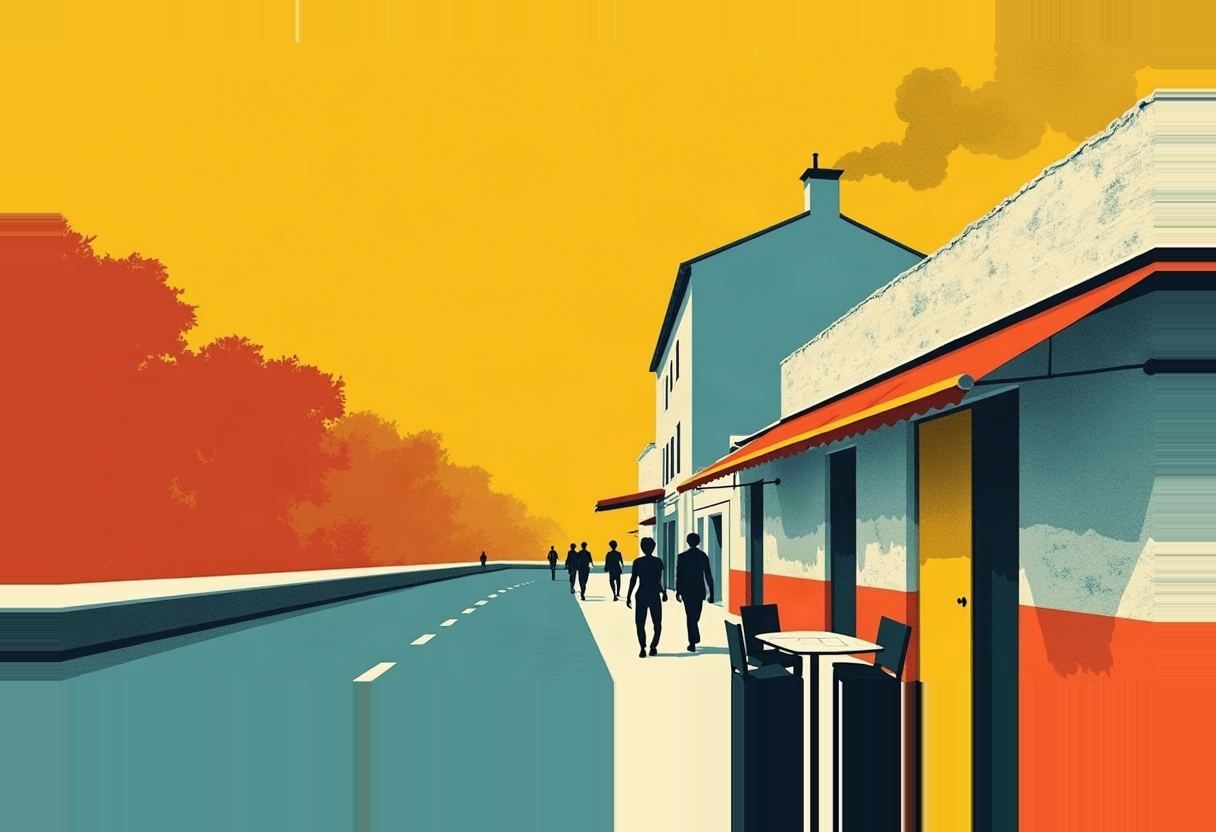 Silhouetted figures walk along a street past a café with an orange awning and empty outdoor table, red-orange trees and a yellow sky beside a road, with smoke rising from a chimney.